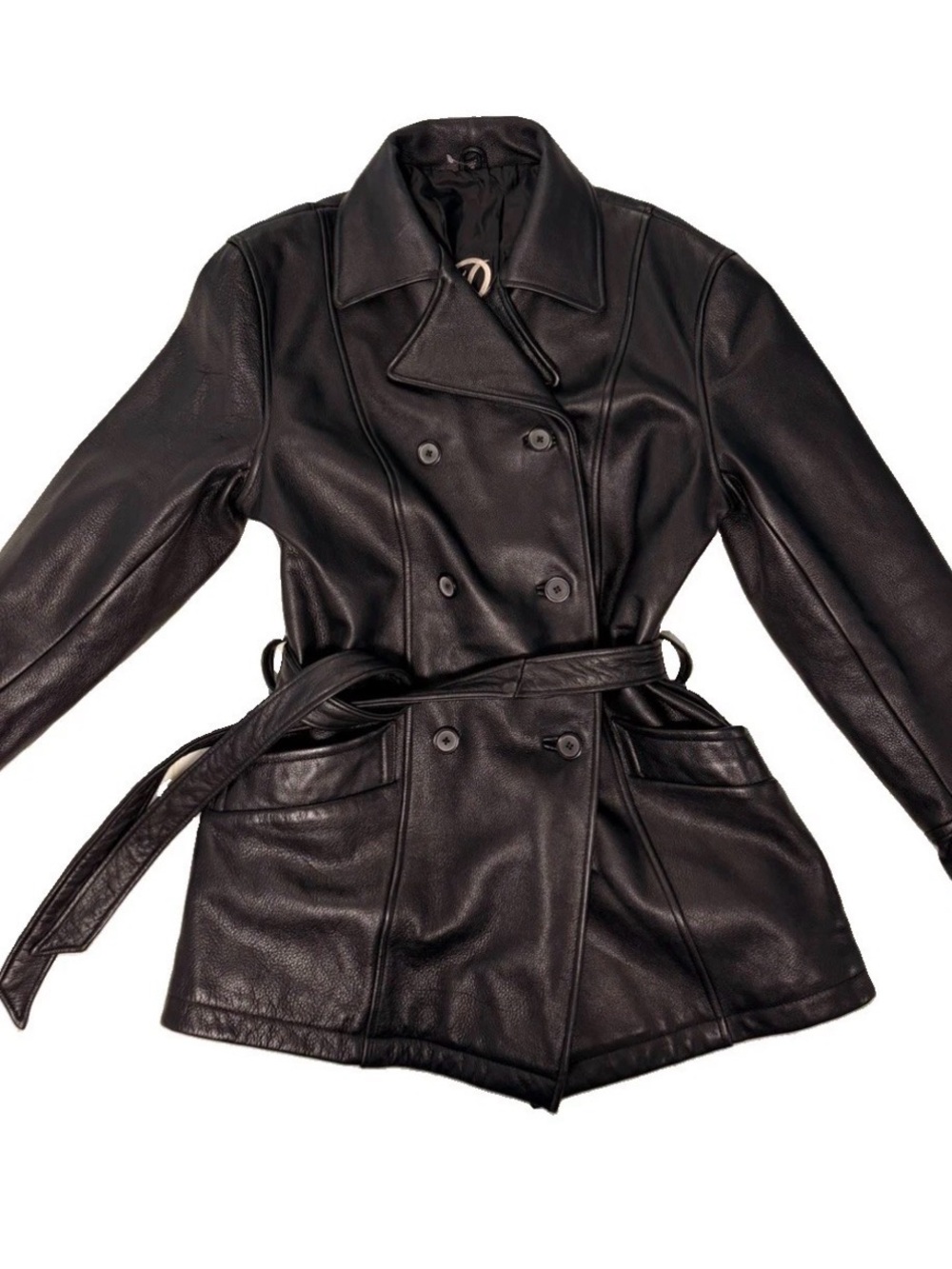 Vintage Walter Davoucci Black Leather Belted Trench Coat Jacket Double Breasted